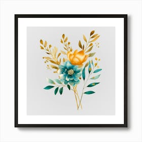 Watercolor Gold And Teal Bouquets 6 Art Print