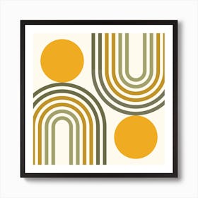 Mid Century Modern Geometric in retro gold sage green greenery (Rainbow and Sun Abstract Design) 1 Art Print