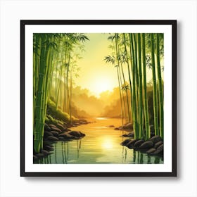 A Stream In A Bamboo Forest At Sun Rise Square Composition 338 Art Print