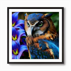 Owl With Blue Flowers 15 Art Print