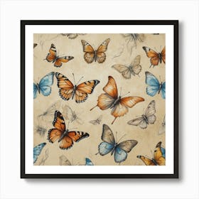 Butterflies On A Beige Background Art Print