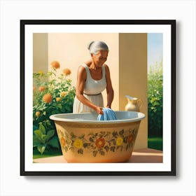 An Elderly Woman, Likely In Her 70s, With Silver Hair Styled In A Neat Bun And Wrinkles Etched On Her Warm, Sun Kissed Skin, Stands In A Lush Green Backyard On A Warm Summer Afternoon, Surrounded By Vibrant Flowers And Lush Foliage (1) Art Print