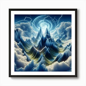 3 Dimensional Mountains With Multiple Green Lightning And White Swirls In A Vortex Of Clouds Art Print