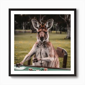 A Kangaroo Smoking Sitting At A Poker Table Outside Art Print