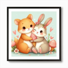 Cute Bunny And Rabbit Art Print