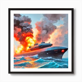 Russian Submarine On Fire Art Print