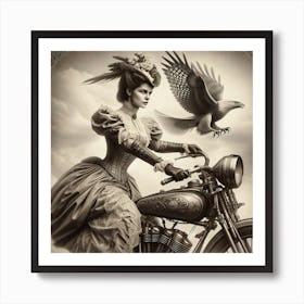 Motorbike Girl From A Bygone Era 3/4 (victorian black and white sepia woman female lady cycle wheels exciting) Art Print