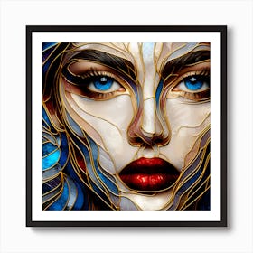Portrait Of A Woman's Face In Closeup - A Stained Glass Effect In Multi Colors, Blue Eyes And Red Lips Creates A Vibrant Look. Art Print