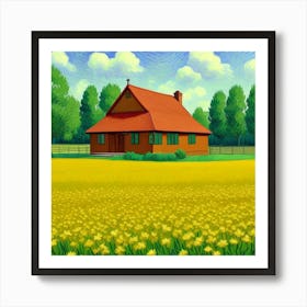 Simple Country Life A Farmhouse at Sunset Dandelion Field Art Print