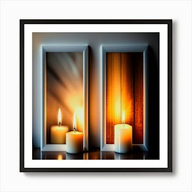 Two candles are lit next to a mirror with a wooden frame that says candle Art Print