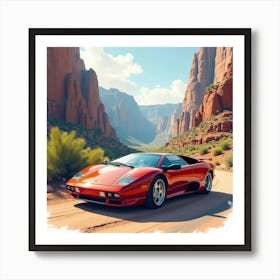 Lamborghini Reventón With A Watercolor Dramatic Canyon View 1 Art Print