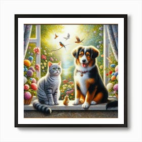 Cat And Dog In The Window Art Print