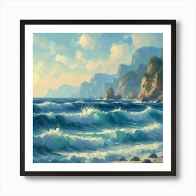 Seashore And Cliff, Acrylic Painting Style Art Print