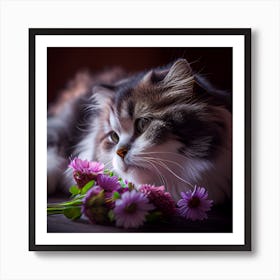 Cat With Flowers Art Print