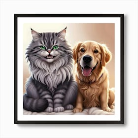 A Breathtakingly Detailed, Vibrant, And Humorous Illustration Of An Unlikely Yet Adorable Cat And Dog 1 Art Print