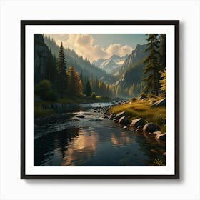 Photo Of Ultra Realistic Insane Illustration, A Landscape That Transmits Peace And Calm The Background Is Wooded And Colorful A River In The Foreground Fairy Tale Style Art Print