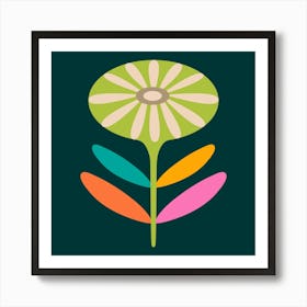 TAMI Mid-Century Modern Retro Floral with Single Round Daisy Flower in Bright Colours on Dark Teal Art Print