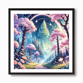 A Fantasy Forest With Twinkling Stars In Pastel Tone Square Composition 89 Art Print