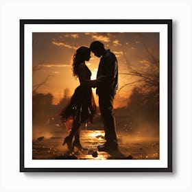 Silhouette Of Young Couple At Sunset Art Print