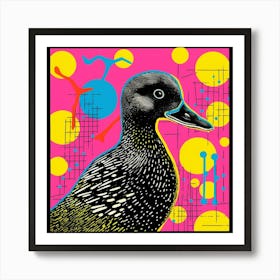 Geometric Pink & Yellow Linocut Style Duckling 1 Art Print