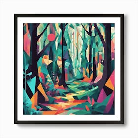 Enchanted Forest Path Cubism Style Art Print