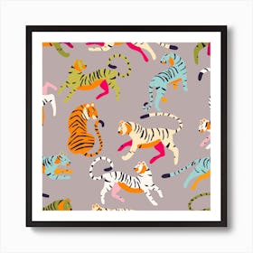 Colorful Tiger Pattern On Gray Square Art Print