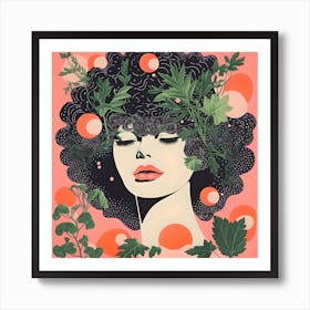 Risograph Style Modern Illustration, Botanical Afro Woman 4 Art Print