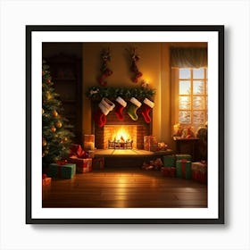 Cozy Christmas Eve Crackling Fireplace Casting A Soft Glow On The Elaborate Decorated Tree Toys Su 2 1 Art Print