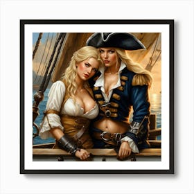 Two Beautiful Lesbians Dressed As Pirates Stand Together Art Print