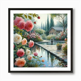 Rose Garden With The Fountain, Acrylic Style Painting 26 Art Print