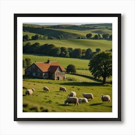 A Picturesque Countryside With Rolling Hills, Grazing Sheep, And A Quaint Farmhouse 2 Art Print