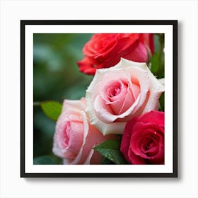 Close Up Photo Capture Of A Romantic Rose Bouquet Dew Kissed Petals Varying In Shades Of Pink And R (2) Art Print