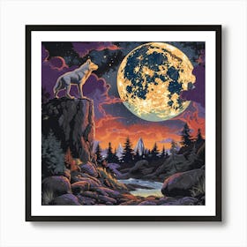 Wolf Moon Cliff Night Forest Stars River Rocks Clouds Twilight Wilderness Trees Nature Dusk Art Print