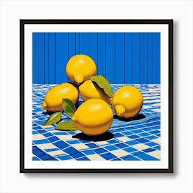 Lemons Blue Checkerboard Art Print