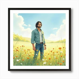 Keanu Reeves In A Peaceful Watercolor Meadow With Soft Wildflowers Art Print