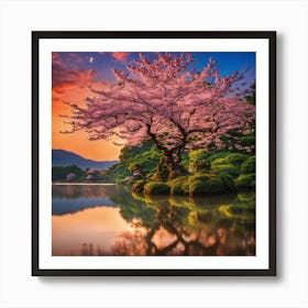Japanese Sakura In Lake 1 Art Print