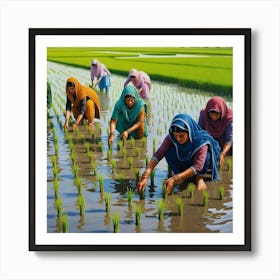 An Image Of Women Working In Rice Field, Planting The Rice Saplings, Pakistan. 2 Poster