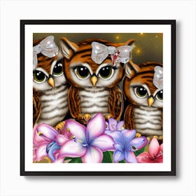 Three Owls With Flowers Art Print