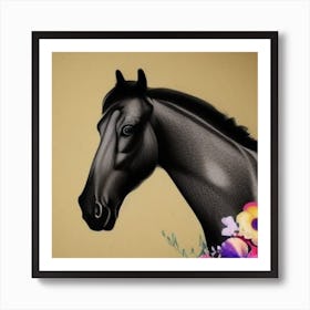 Black Horse With Flowers Art Print