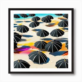 Black Umbrellas On The Beach colorful shadows Art Print