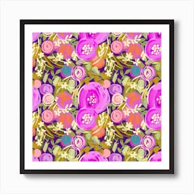 Loose Gouache Floral Pink With Buds And Leaves Art Print