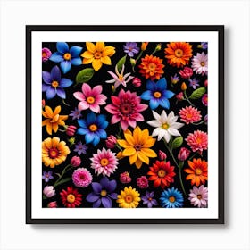 Set Of Colorful Flowers On Black Background Art Print