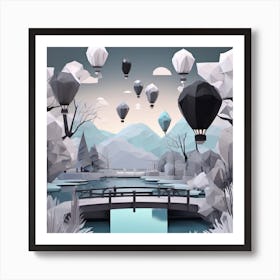 3D White and Black Hot Air Balloons Winter Solstice Landscape Art Print