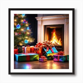 Christmas Presents Under Christmas Tree At Home Next To Fireplace Broken Glass Effect No Backgroun (5) Art Print