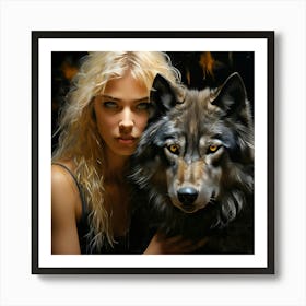 Watercolor Beautiful Blond Woman Sitting With Jet Black Wolf With Yellow Eyes Art Print