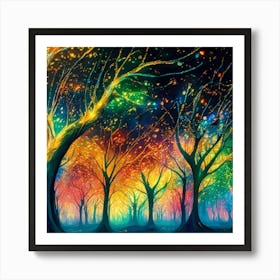 A captivating scene of trees that appear to be alive, with twinkling lights and vibrant 6 Art Print