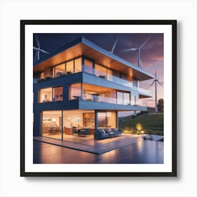 Modern House With Wind Turbines Art Print