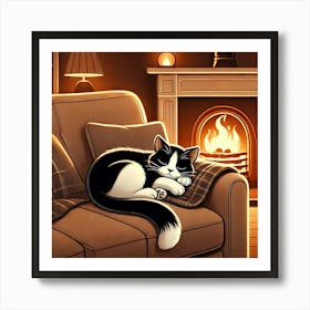 Cat Sleeping In Front Of Fireplace Art Print