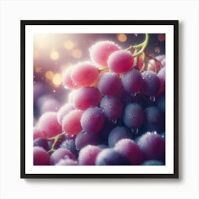 A close-up photograph of a bunch of ripe, juicy grapes, glistening with water droplets, against a soft, out-of-focus background, with a warm glow of sunlight shining through the edges of the image. Art Print