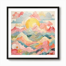 Sunny Mountain Mosaic A Playful Pastel Landscape Illustration 1 Art Print